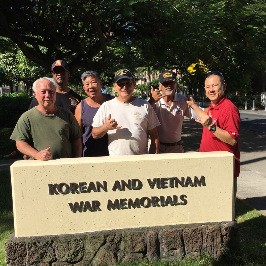 Members of VFW Post 1540 get together to clean the Korea and Vietnam Memorial. Many of those present are Vietnam War vets! L-R:  Stephen Kokubun, Sherman Willis, Nick Young, Pat Suenaga, John Kahaloa, Peter Hirai